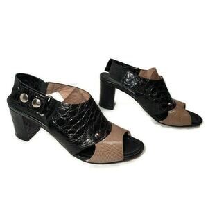 Anyi Lu‎ Sling Back Sandals 8 38 Womens Black Tan Leather Handmade Chunky Heel